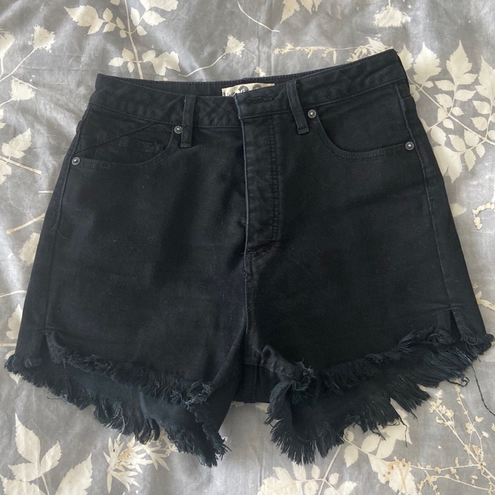 Free People Black Denim Frayed Hem Shorts